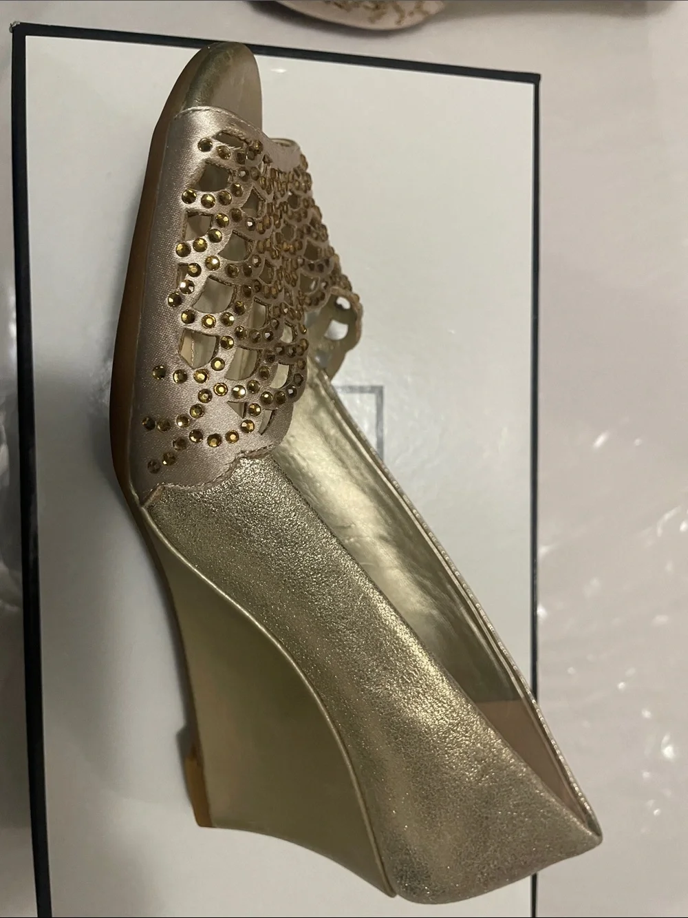 New Alex Marie Gold Peep-Toe Low Wedge Heels.